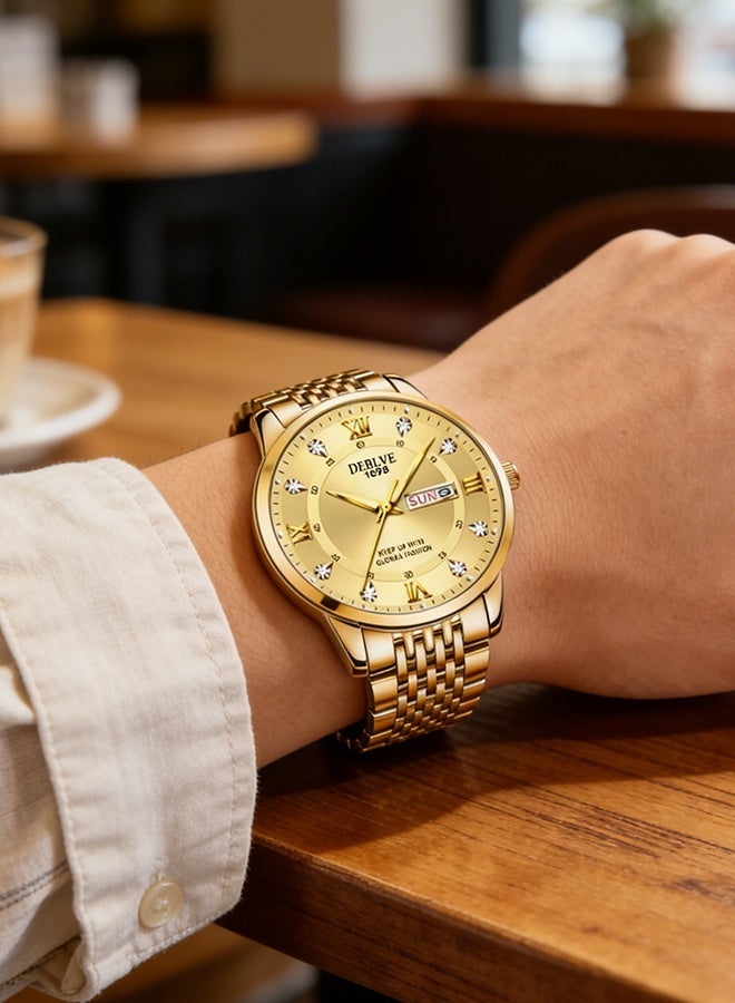 ديبلفي ساعة ذهبية للرجال,ساعة يد للرجال، ساعة رجالية عصرية للأعمال مزودة بعقارب مضيئة، ساعة يد من الفولاذ المقاوم للصدأ، ساعة كوارتز مع عرض اليوم والتاريخ، باللون الذهبي - Image 3